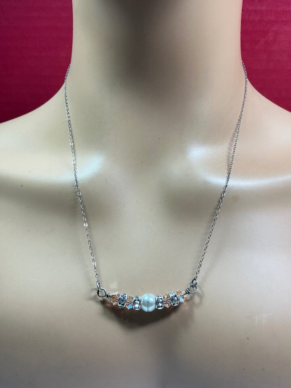 Sterling Silver Beaded Crystal Pendant Necklace.  19 inches long